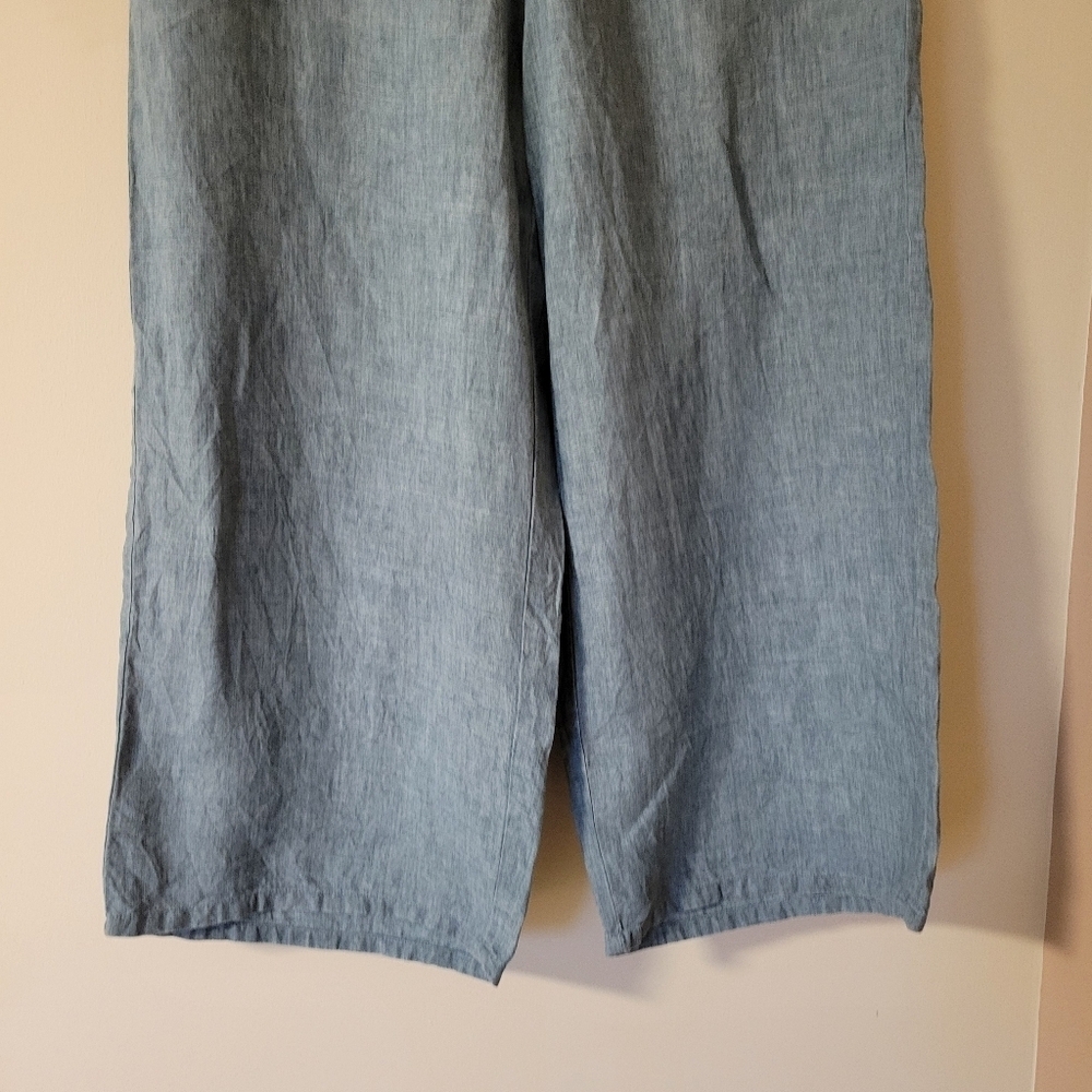 EILEEN FISHER Washed-Organic-Linen Délavé Wide-Leg Cropped Pants Blue Sz Medium - Picture 7 of 10